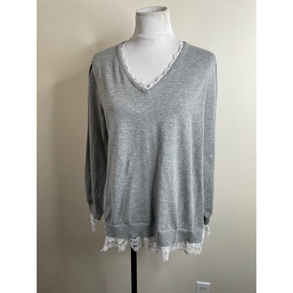 Adrianna Papell Womens Sweater Size Large Gray Lace Trim V-Neck